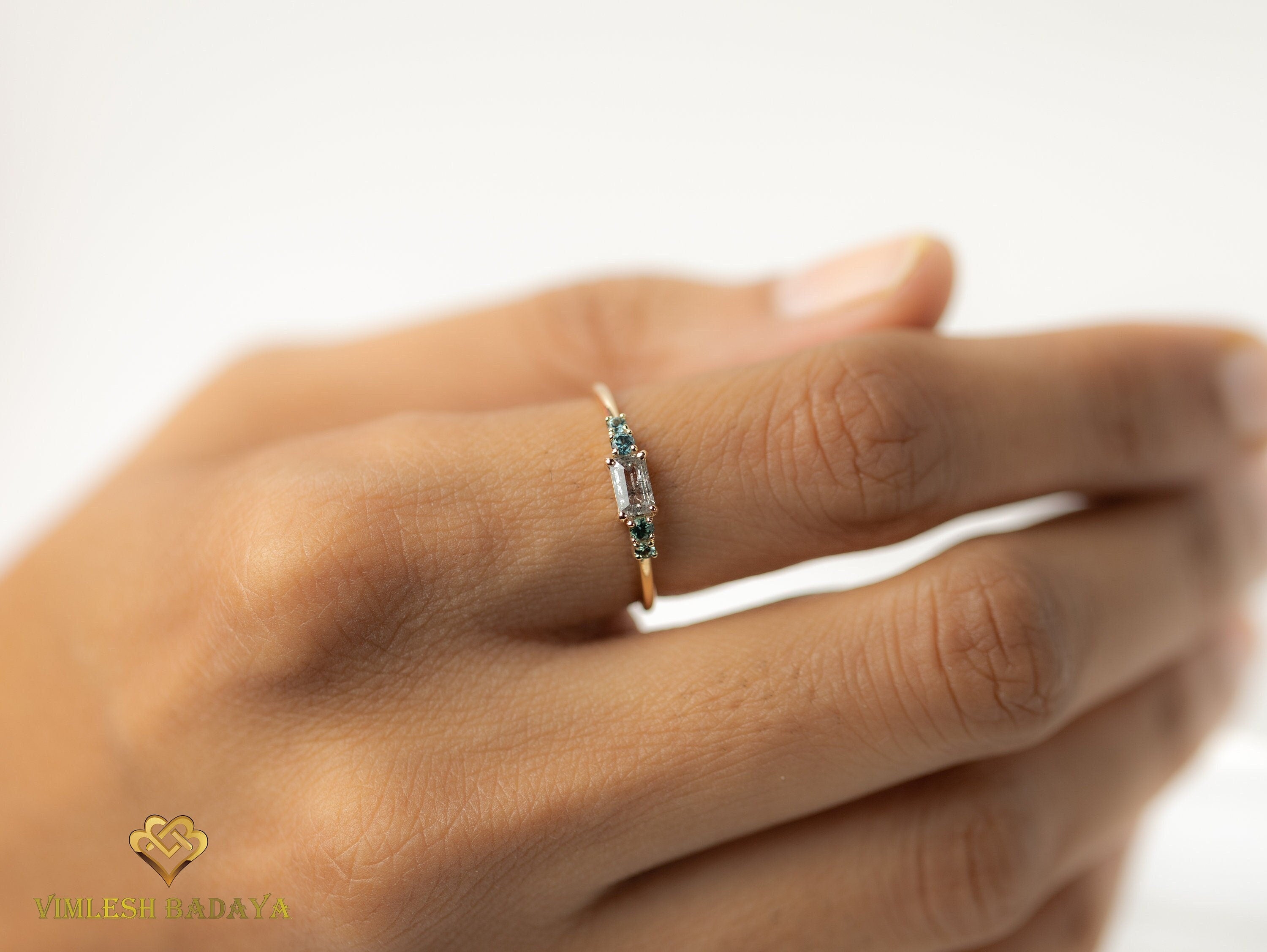Gray Diamond and Teal Sapphire Ring | Salt and Pepper Diamond Stacking Ring -