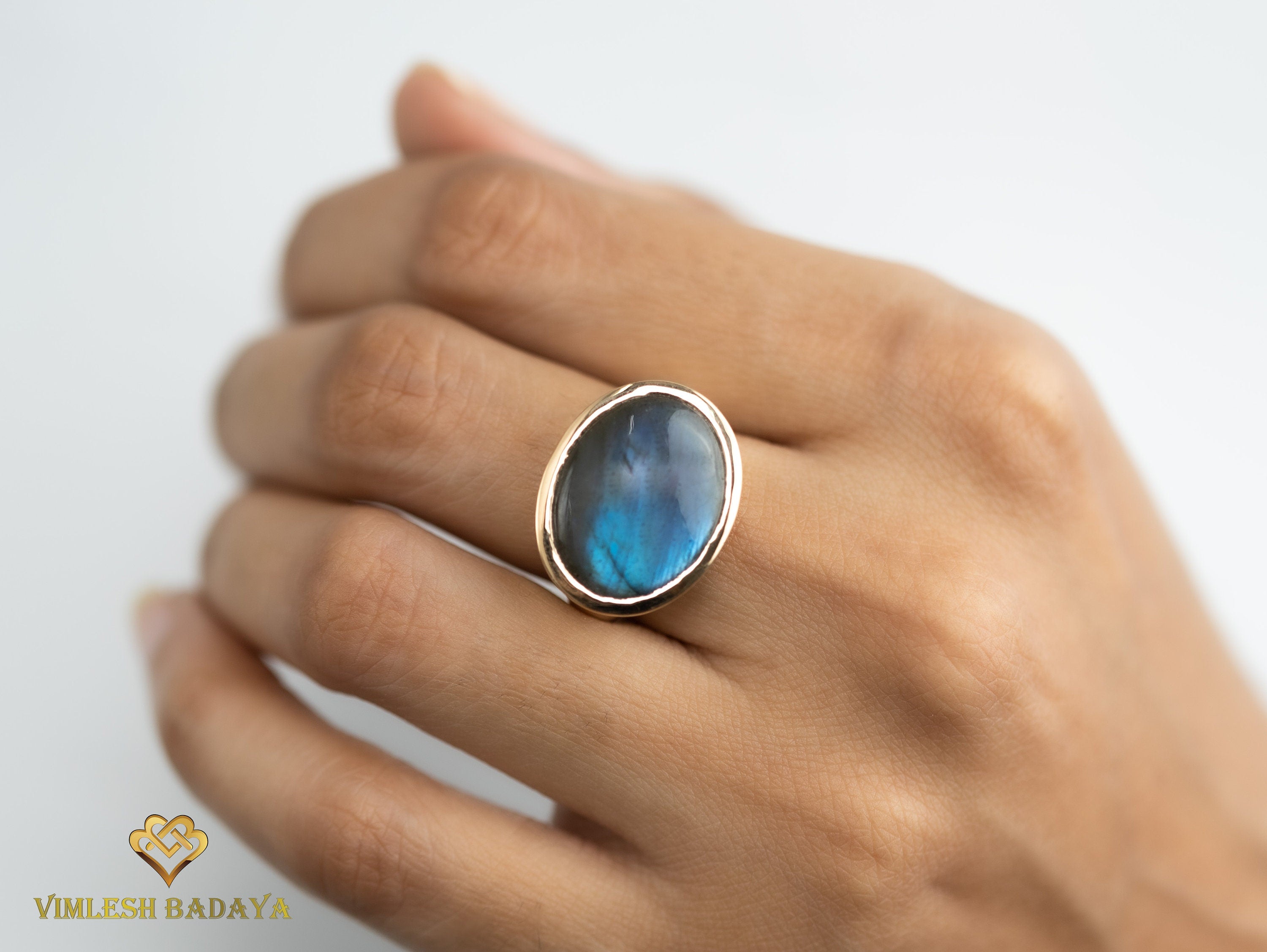 Labradorite Signet Ring | Solid Gold Men’s Unisex Signet Ring | Father’s Day Gift -