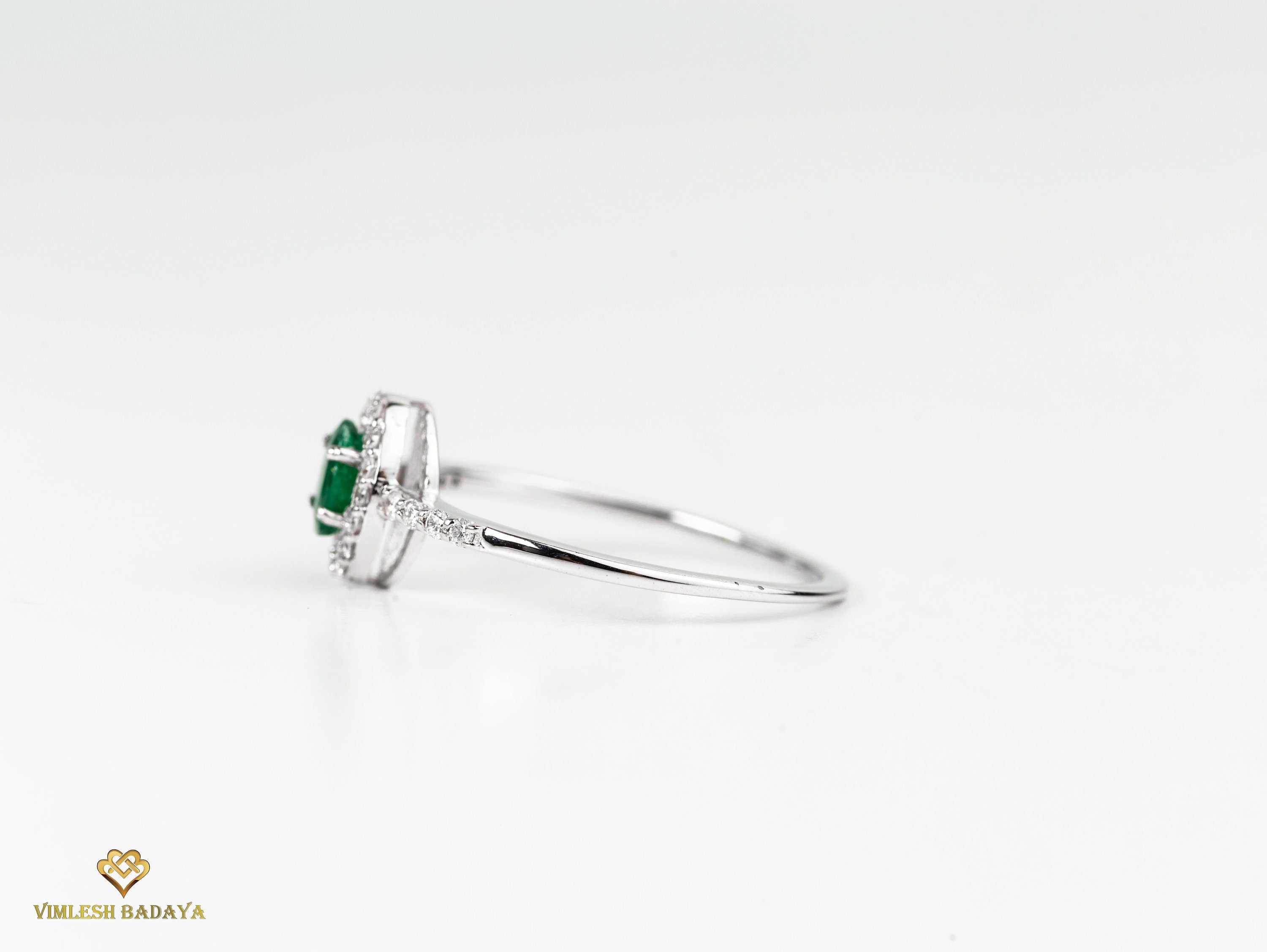 Emerald and Diamond Tiny Engagement Ring | Dainty Halo Diamond Ring | Natural Emerald -
