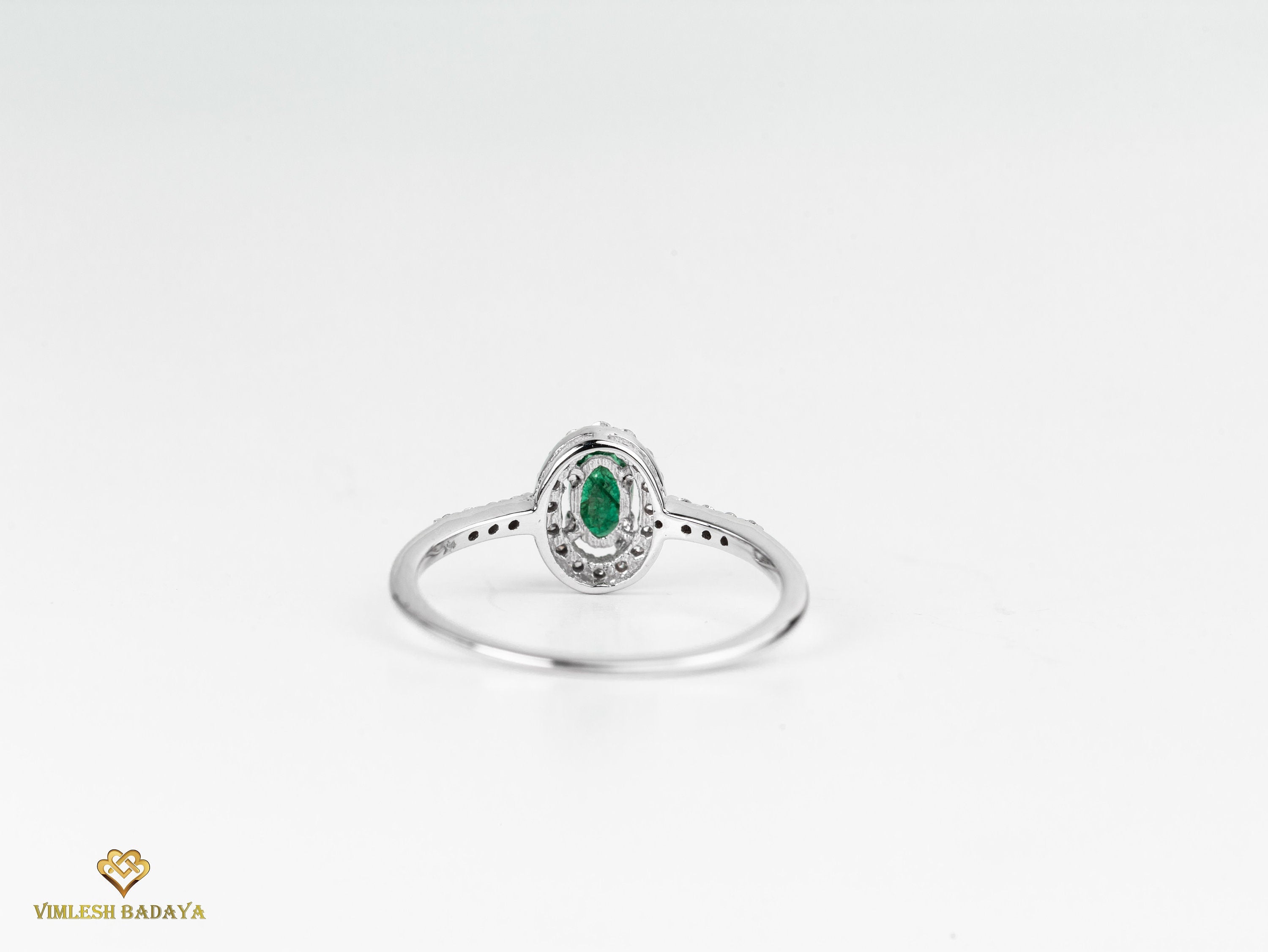 Emerald and Diamond Tiny Engagement Ring | Dainty Halo Diamond Ring | Natural Emerald -