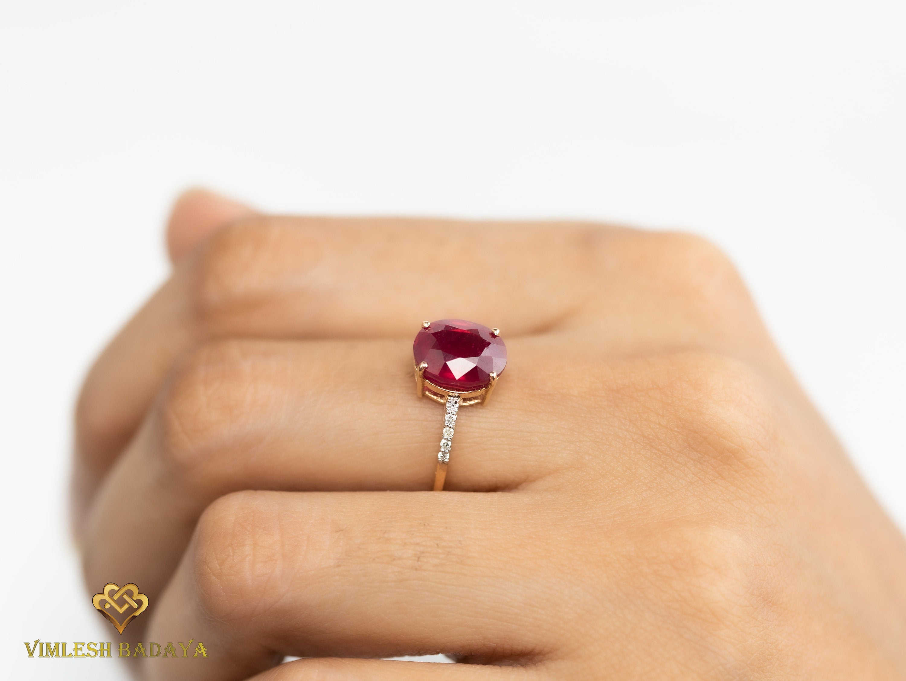 Ruby Engagement Ring | 4 Carat Genuine Ruby Solitaire Ring | Halo Engagement Ring -