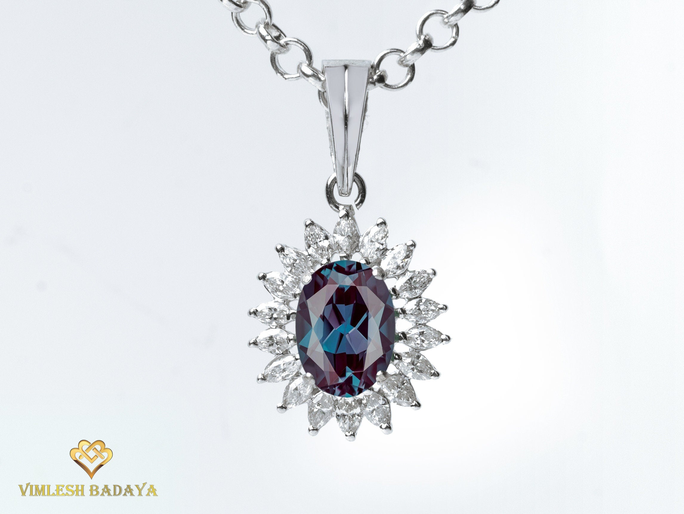 Lab Grown Alexandrite and Diamond Pendant | Oval Cut Chatham Alexandrite in Solid Gold | Bridal Collection Jewelry -