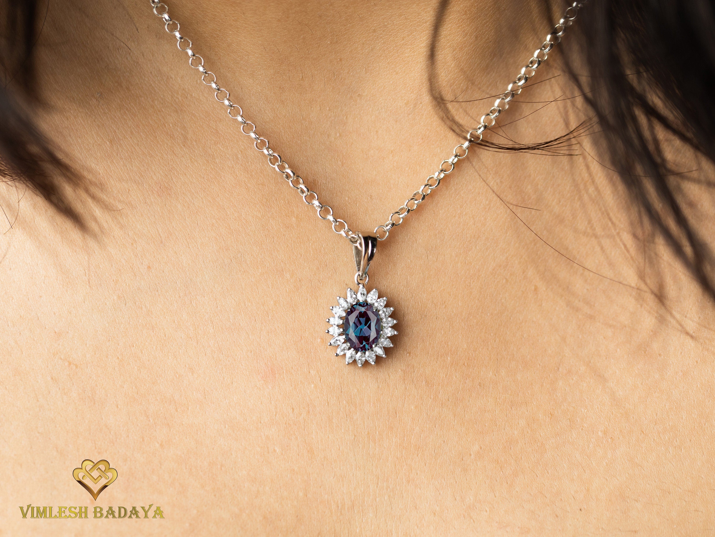 Lab Grown Alexandrite and Diamond Pendant | Oval Cut Chatham Alexandrite in Solid Gold | Bridal Collection Jewelry -