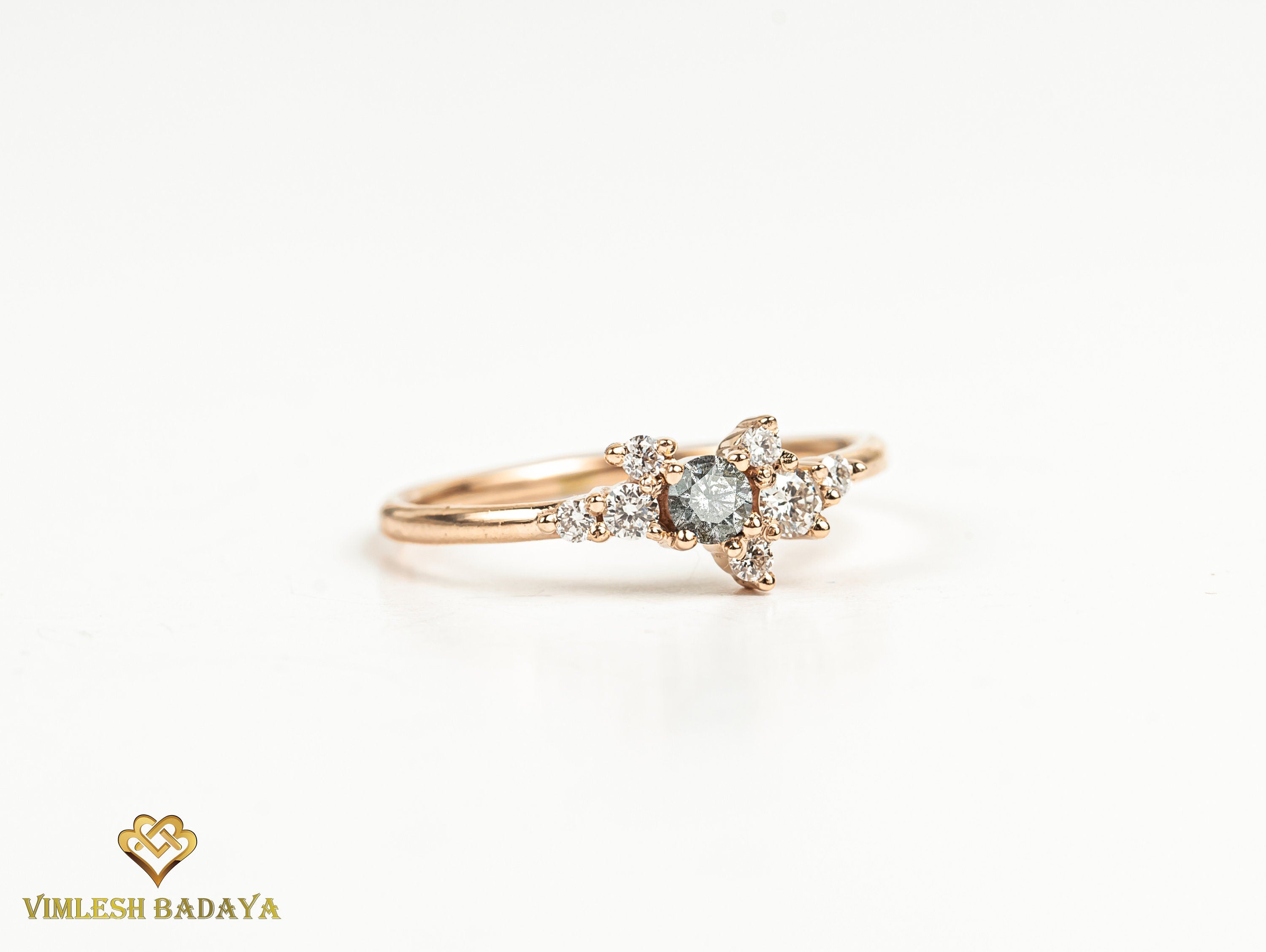 Salt and Pepper Diamond Cluster Ring | Gray Diamond Engagement Ring | Cluster Diamond Ring -