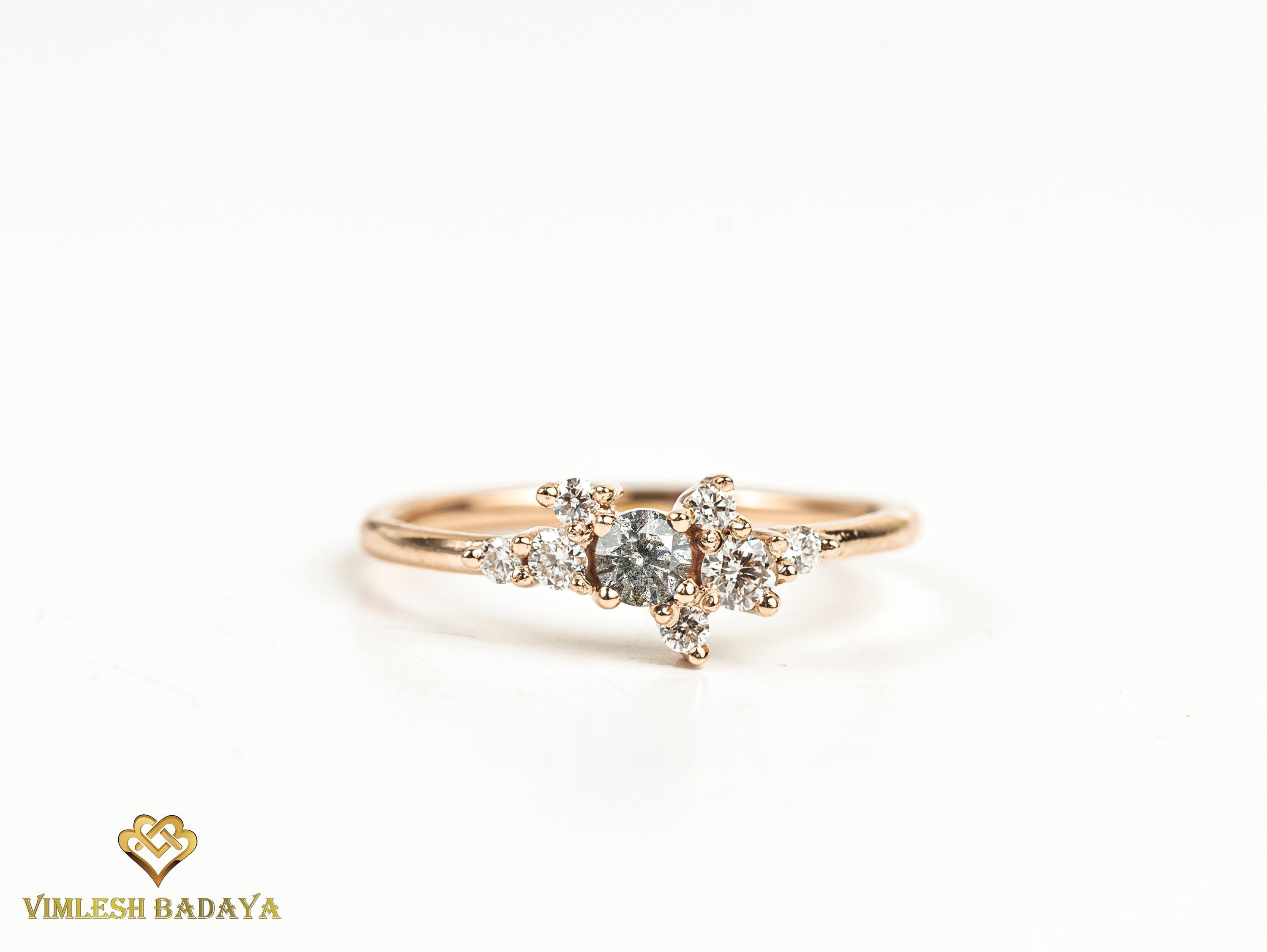 Salt and Pepper Diamond Cluster Ring | Gray Diamond Engagement Ring | Cluster Diamond Ring -