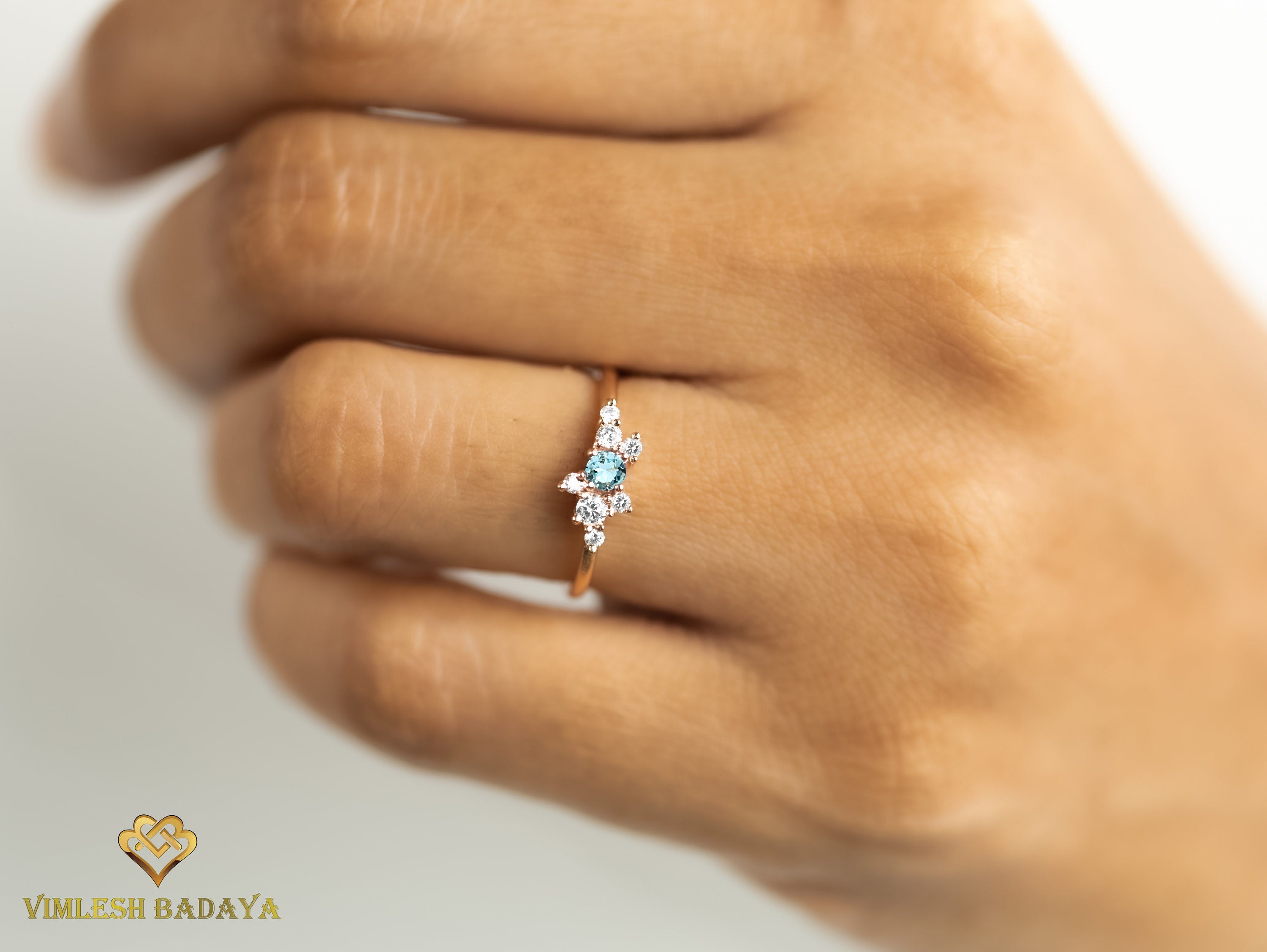 Minimal Aquamarine Cluster Ring | Round Cut Aquamarine Diamond Engagement Ring | Handmade Proposal Ring -