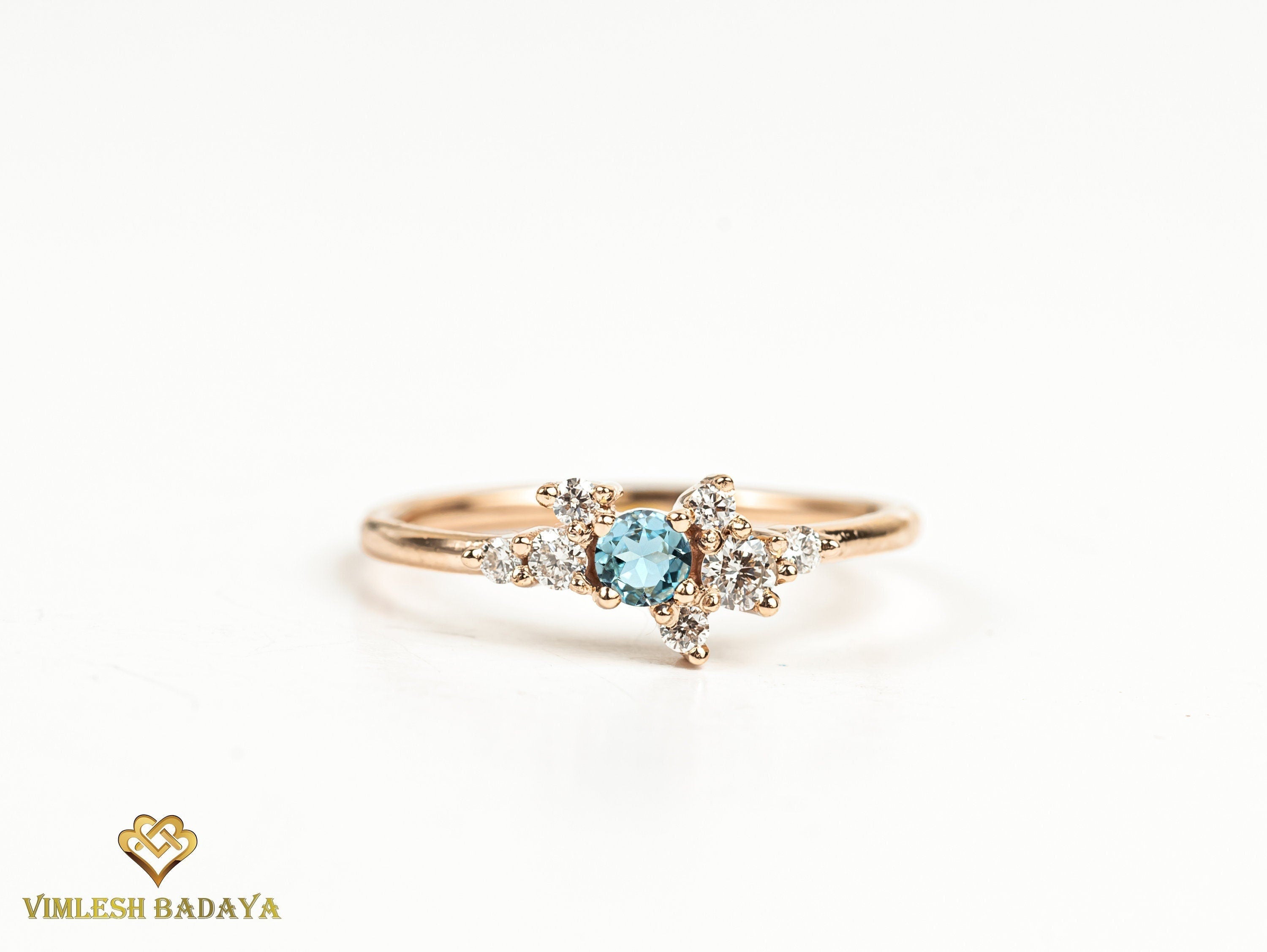 Minimal Aquamarine Cluster Ring | Round Cut Aquamarine Diamond Engagement Ring | Handmade Proposal Ring -
