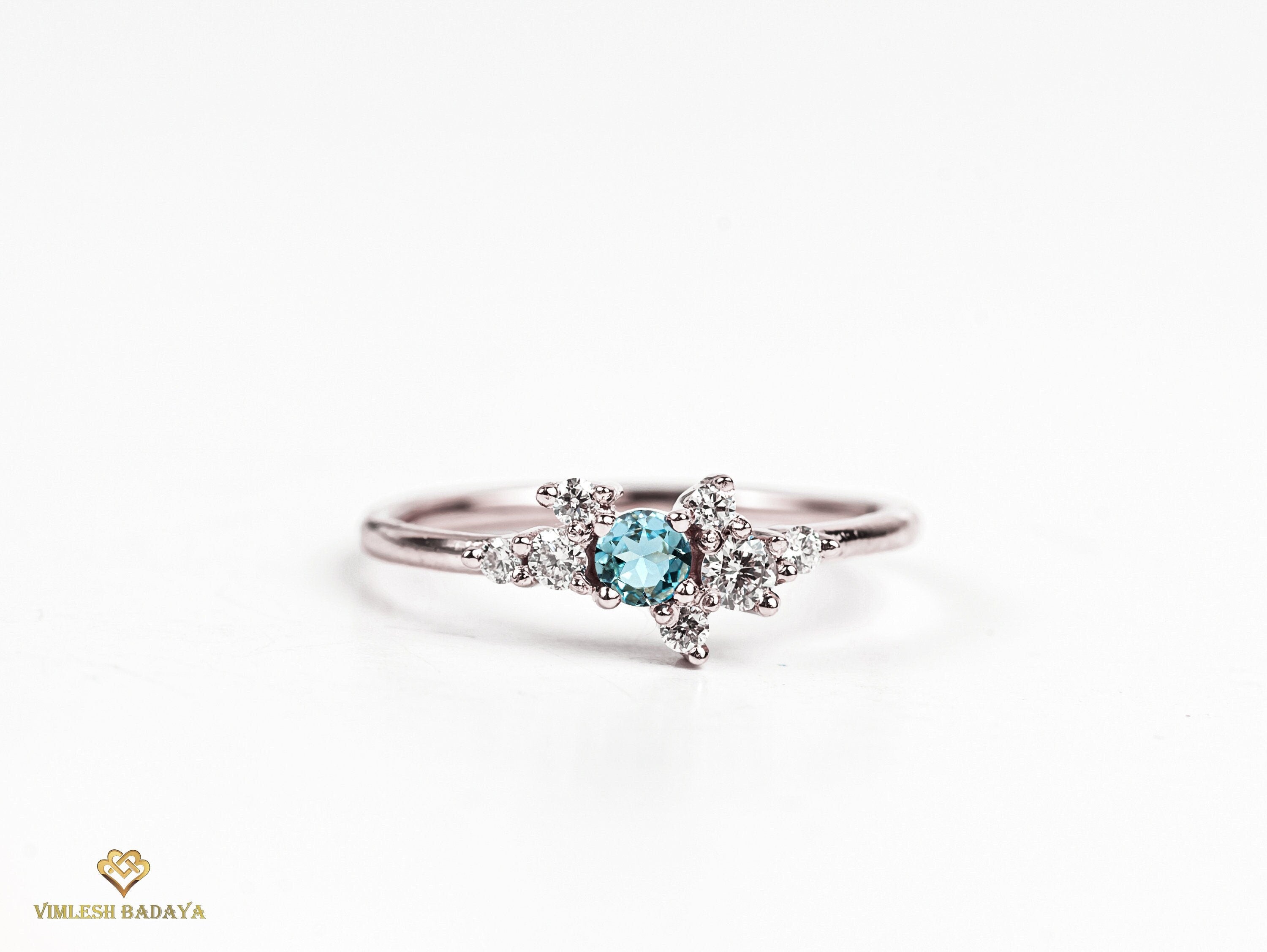 Minimal Aquamarine Cluster Ring | Round Cut Aquamarine Diamond Engagement Ring | Handmade Proposal Ring -