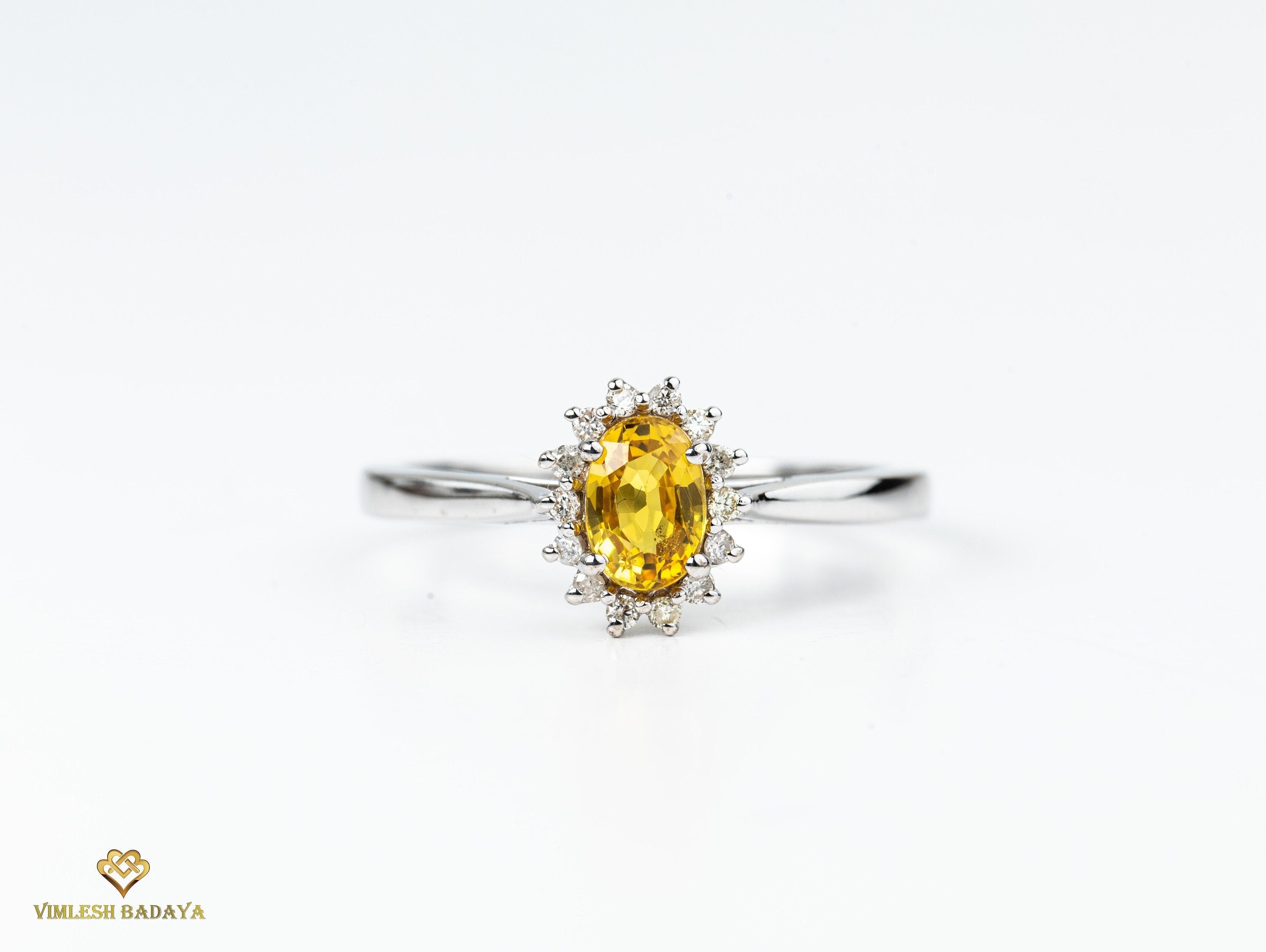 Yellow Sapphire Halo Engagement Ring | Oval Cut Sapphire | Gold Diamond and Sapphire Ring -