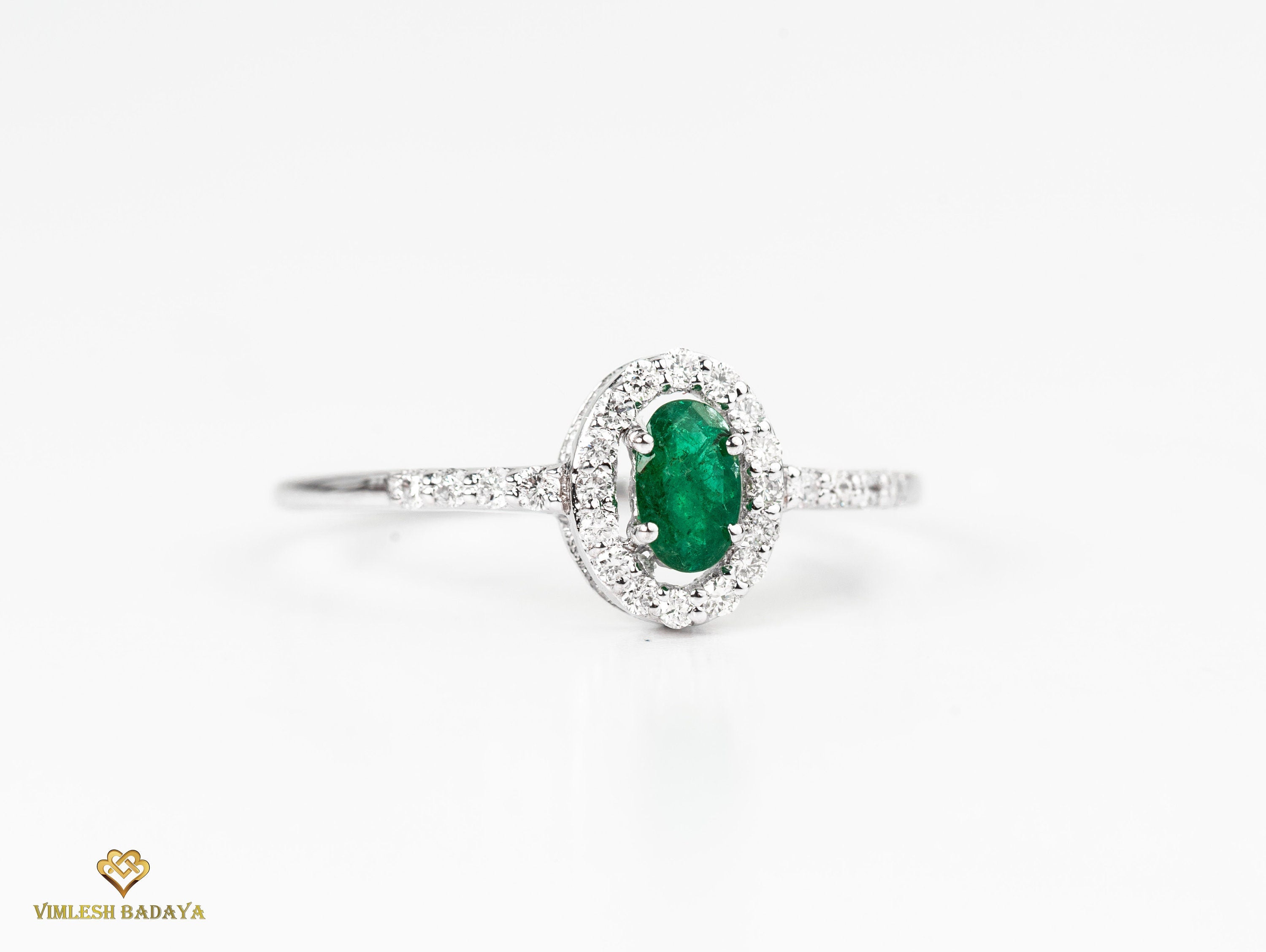 Emerald and Diamond Tiny Engagement Ring | Dainty Halo Diamond Ring | Natural Emerald -