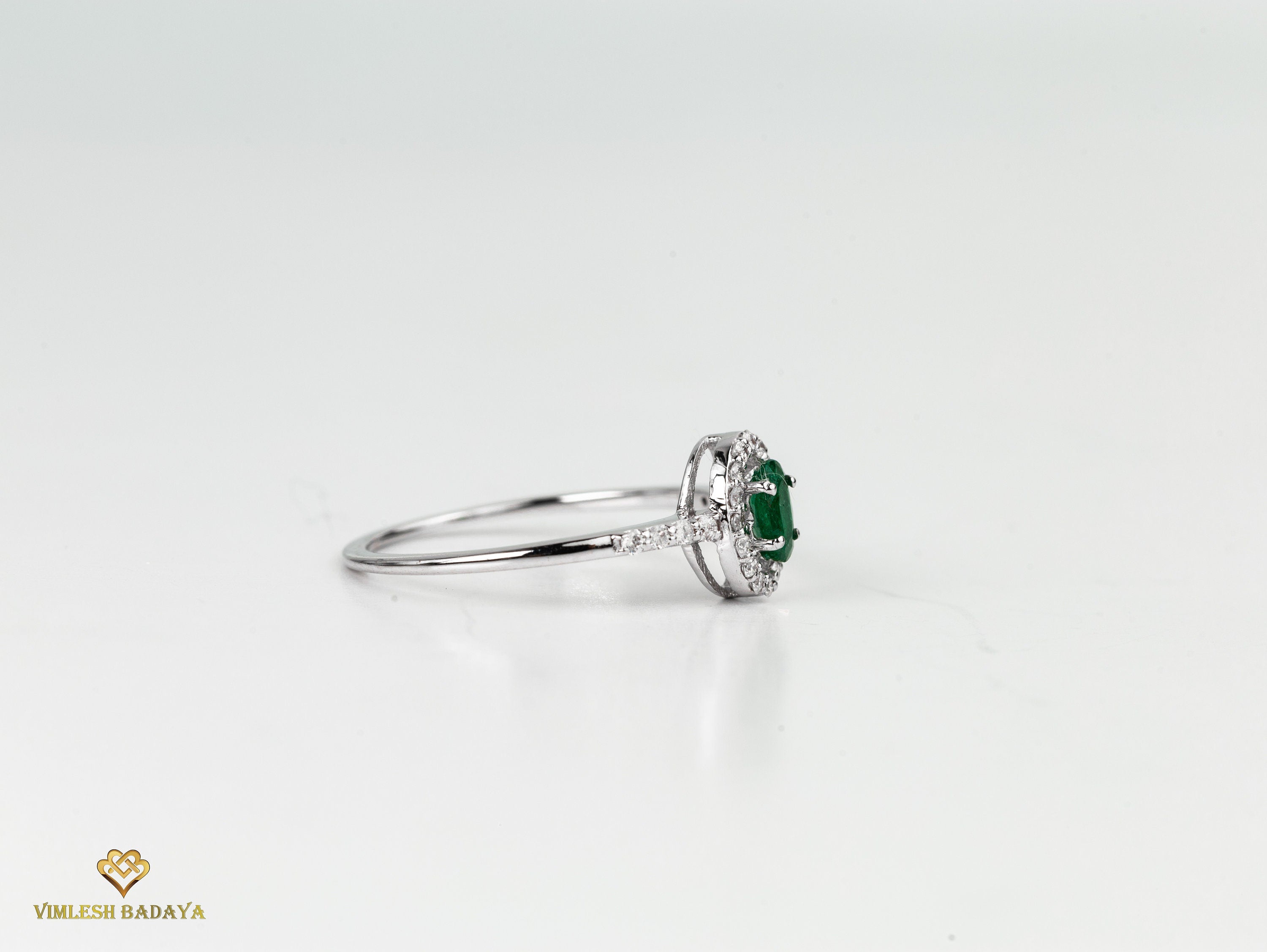 Emerald and Diamond Tiny Engagement Ring | Dainty Halo Diamond Ring | Natural Emerald -