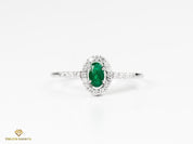 Emerald and Diamond Tiny Engagement Ring | Dainty Halo Diamond Ring | Natural Emerald -