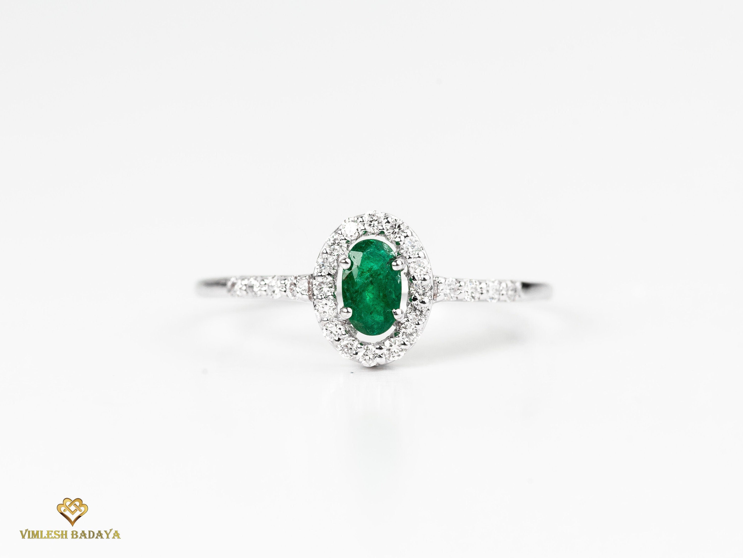 Emerald and Diamond Tiny Engagement Ring | Dainty Halo Diamond Ring | Natural Emerald -