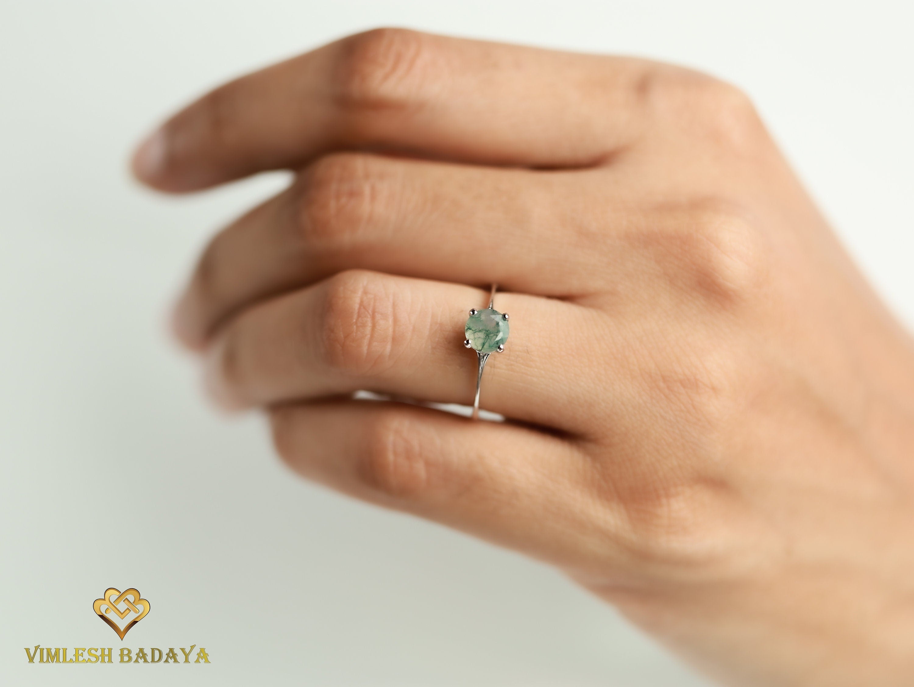 Moss Agate Solitaire Engagement Ring | Round Cut Moss Agate Ring | Handmade Anniversary Ring -
