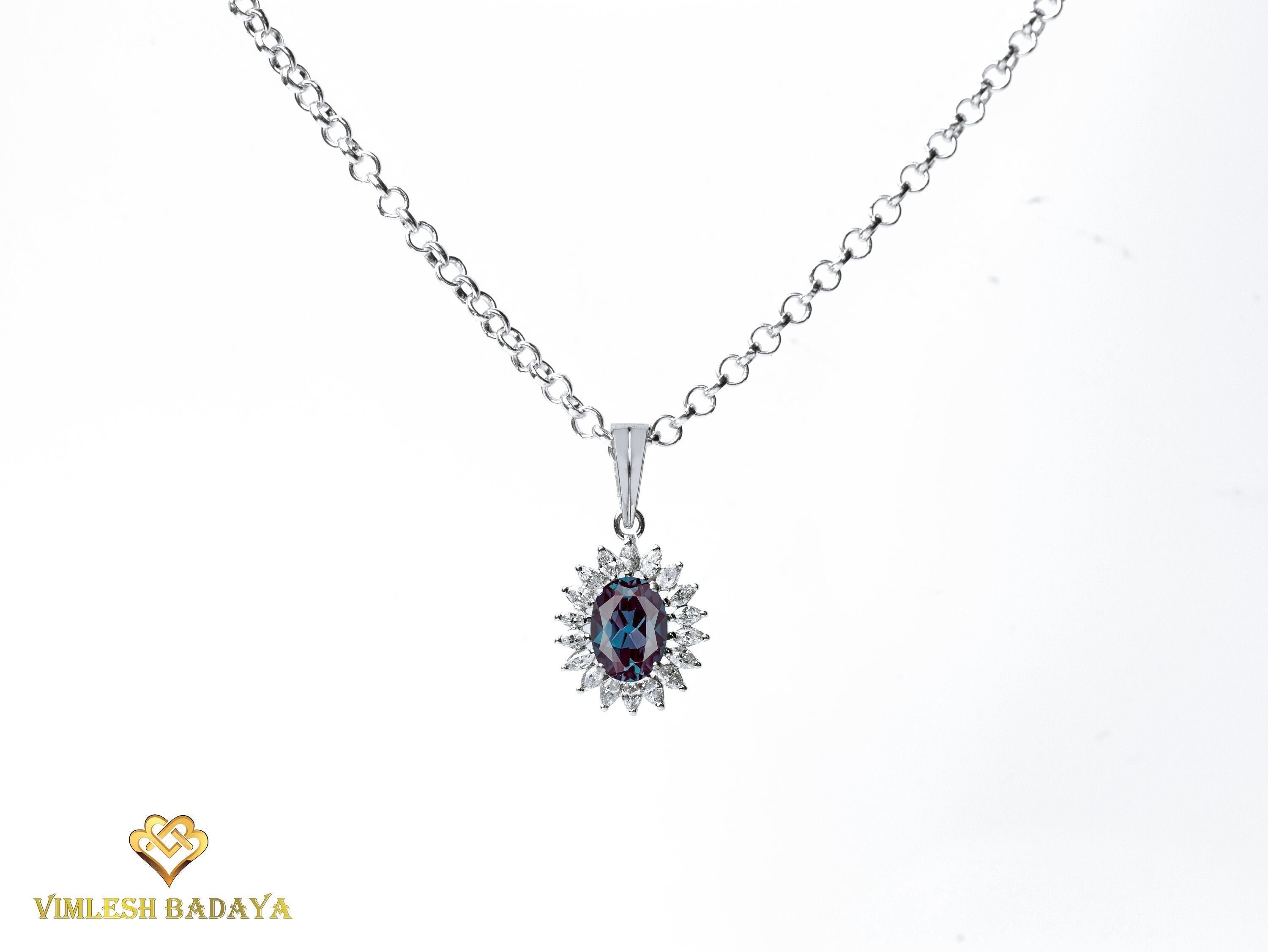 Lab Grown Alexandrite and Diamond Pendant | Oval Cut Chatham Alexandrite in Solid Gold | Bridal Collection Jewelry -